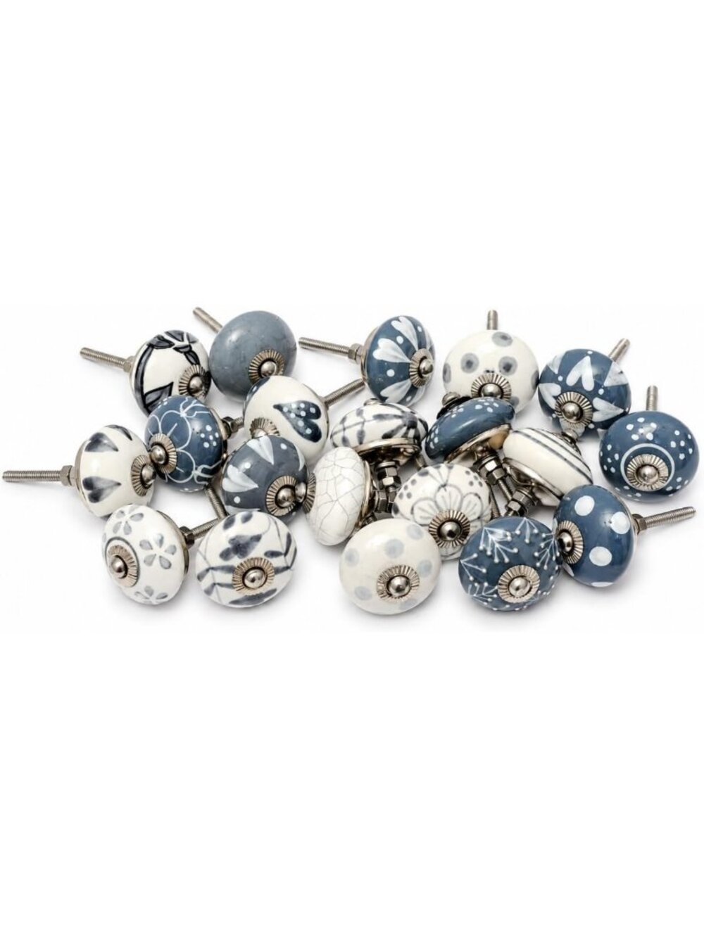 Hand-Painted Ceramic Knobs - 20 Grey & White Decorative Drawer Pulls